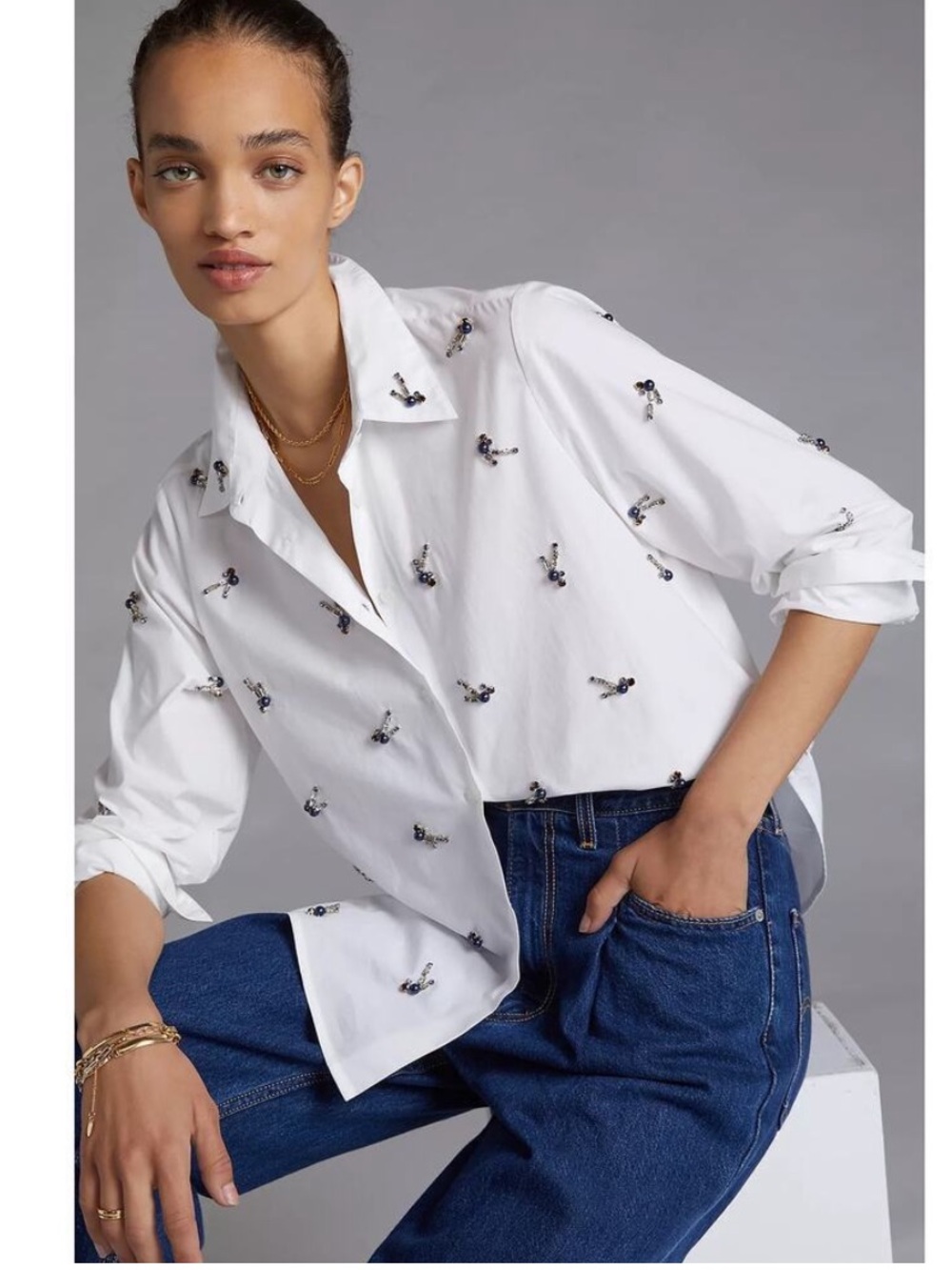 Anthropologie Dhruv Kapoor Embroidered Beaded Button-Down Shirt Size Medium